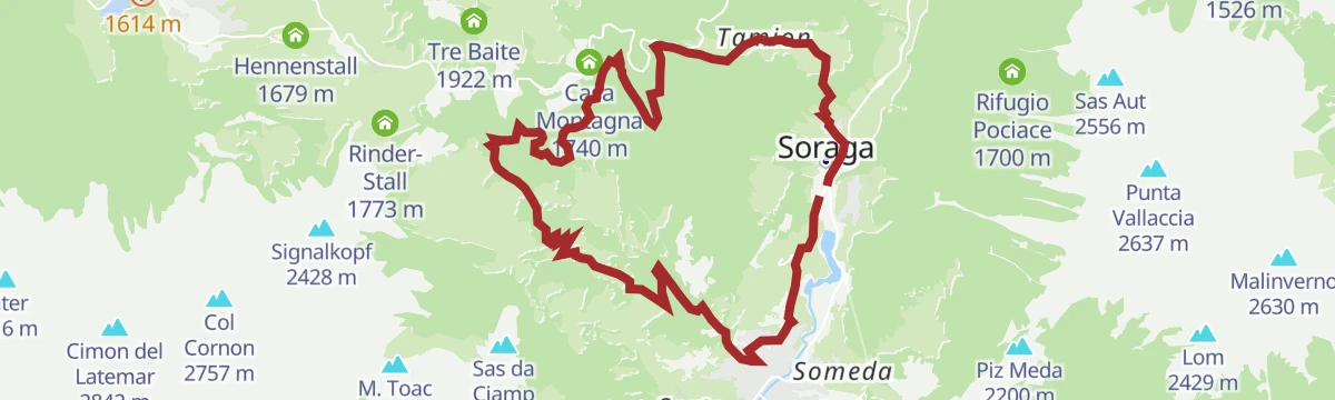Route map: Soraga - Tamion - Costa Bergousa - Malga Roncac - Palua - Soraga